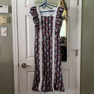 Vintage style, dark blue with white and dark orange flowers pattern with leaves